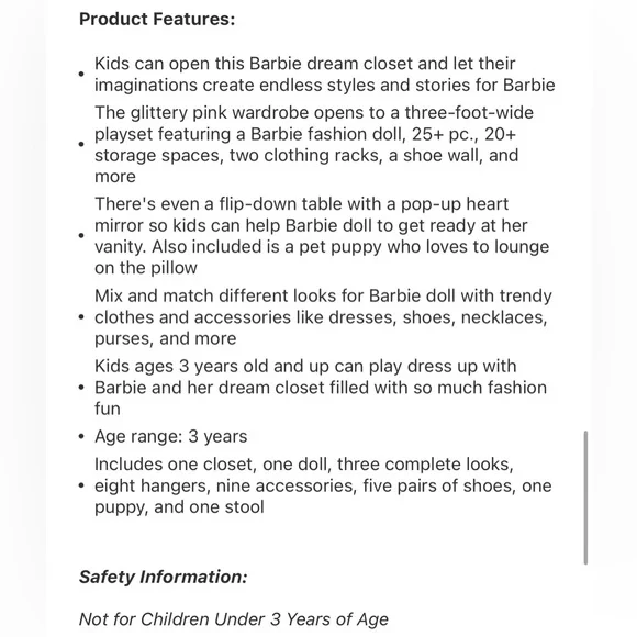 NIB Barbie Dream Closet Toy Play Set. Doll Included